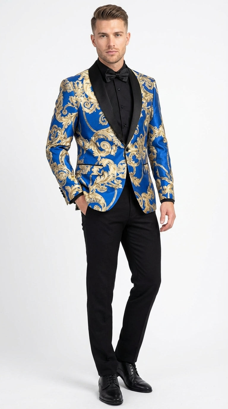Men's Royal Blue and Gold Blazer Jacket Luxury Floral Pattern Tuxedo Blazer, Formal Party Wedding Dinner Jacket, Stylish Evening Wear | Alberto Nardoni Men's Royal Blue and Gold Blazer Jacket Luxury Floral Pattern Tuxedo Blazer, Formal Party Wedding Dinner Jacket, Stylish Evening Wear | Alberto Nardoni