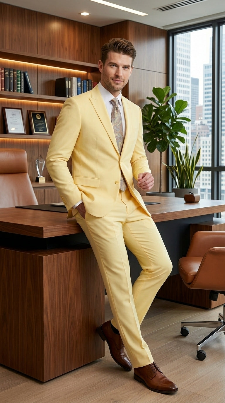 Men’s Pale Yellow 2 Piece Suit, Formal Dress Suit for Weddings, Prom, Parties, Summer Events, and Special Occasions By Vitali