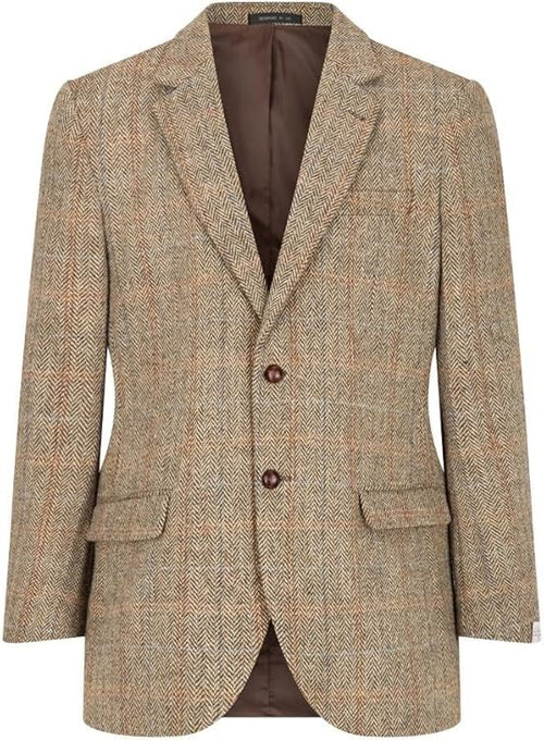 Walker and Hawkes Blakemore men's blazer crafted from Harris Tweed. Features a herringbone pattern, notched lapel, two front pockets, and two-button closure. Lined in contrasting brown fabric.