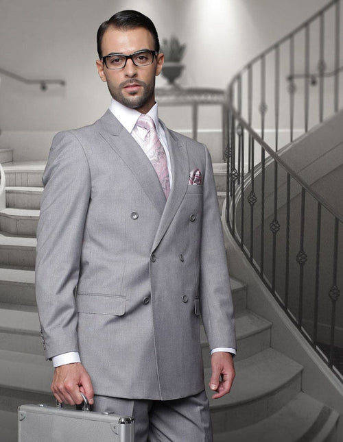 Mens Classic Wool Double Breasted Grey Suit
