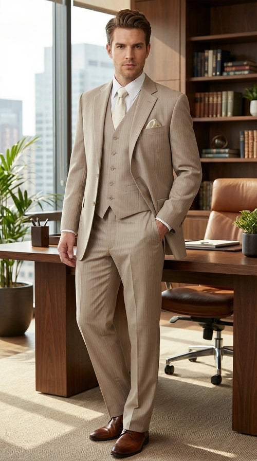 Men’s Tan Pinstripe Three Piece Suit – Classic Fit Pleated Pants Tan Sand Beige Wedding, Church Shadow Ton on Tone Business Suit for Men
