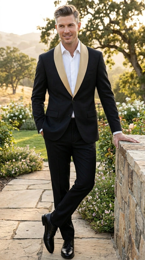 Men’s Black Suit with Gold Lapel – Luxury Formal Tuxedo Style Suit for Wedding, Prom, Party and Evening Wear
