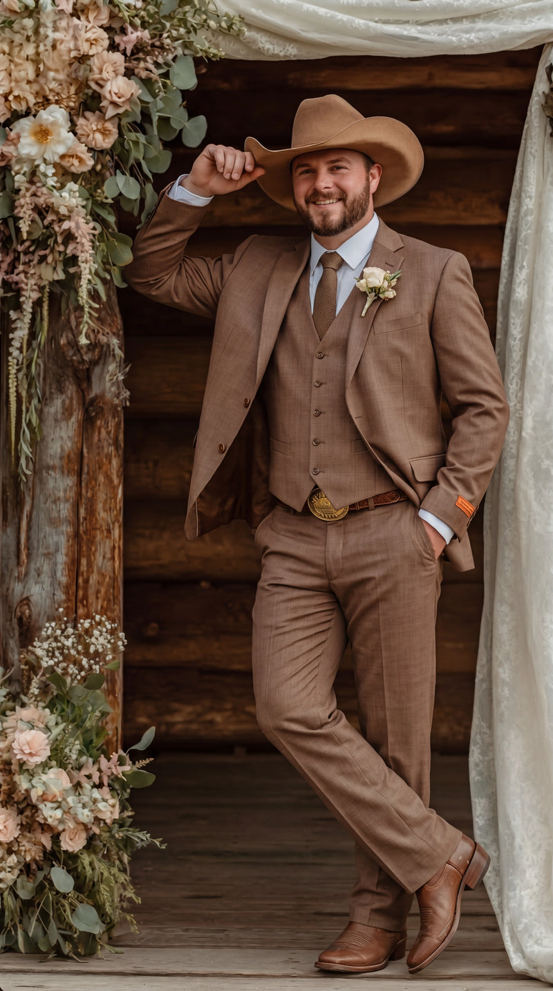 Men’s Light Brown Western 3 Piece Suit – Classic Country Style Blazer Vest Pants Set, Formal Cowboy Suit Toast