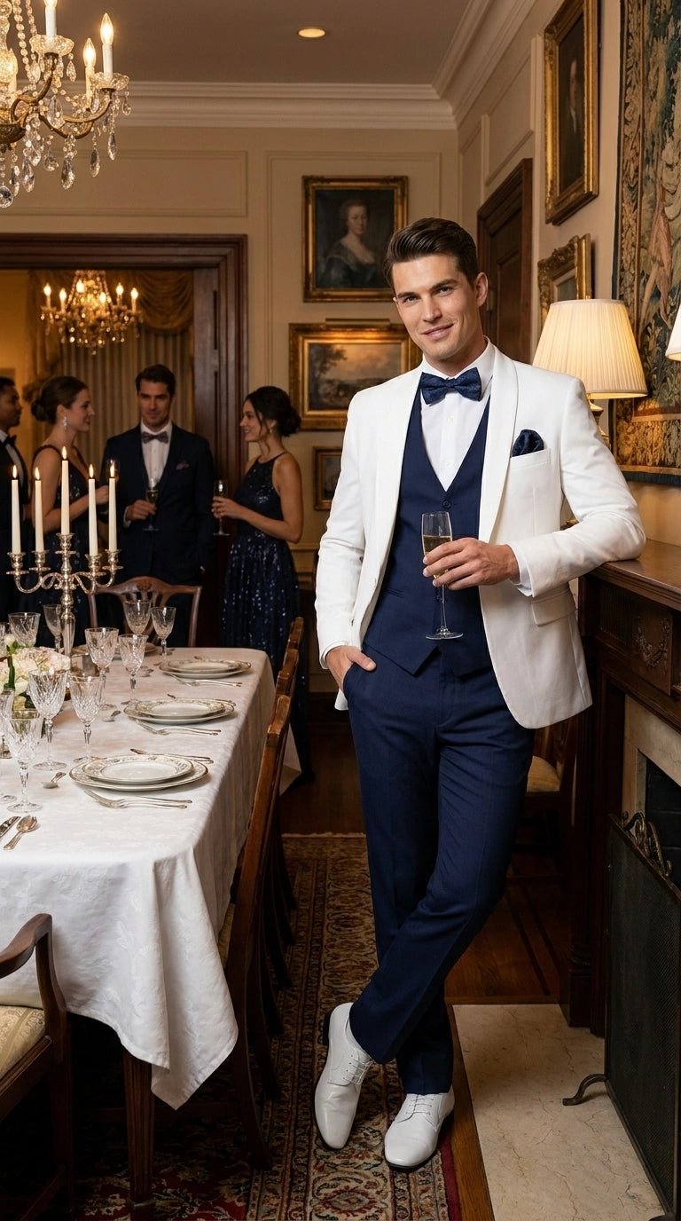 Men’s White and Navy blue tuxedo 3 Piece Suit – Classic White Blazer with Navy Vest and Pants for Wedding, Party + Bowtie