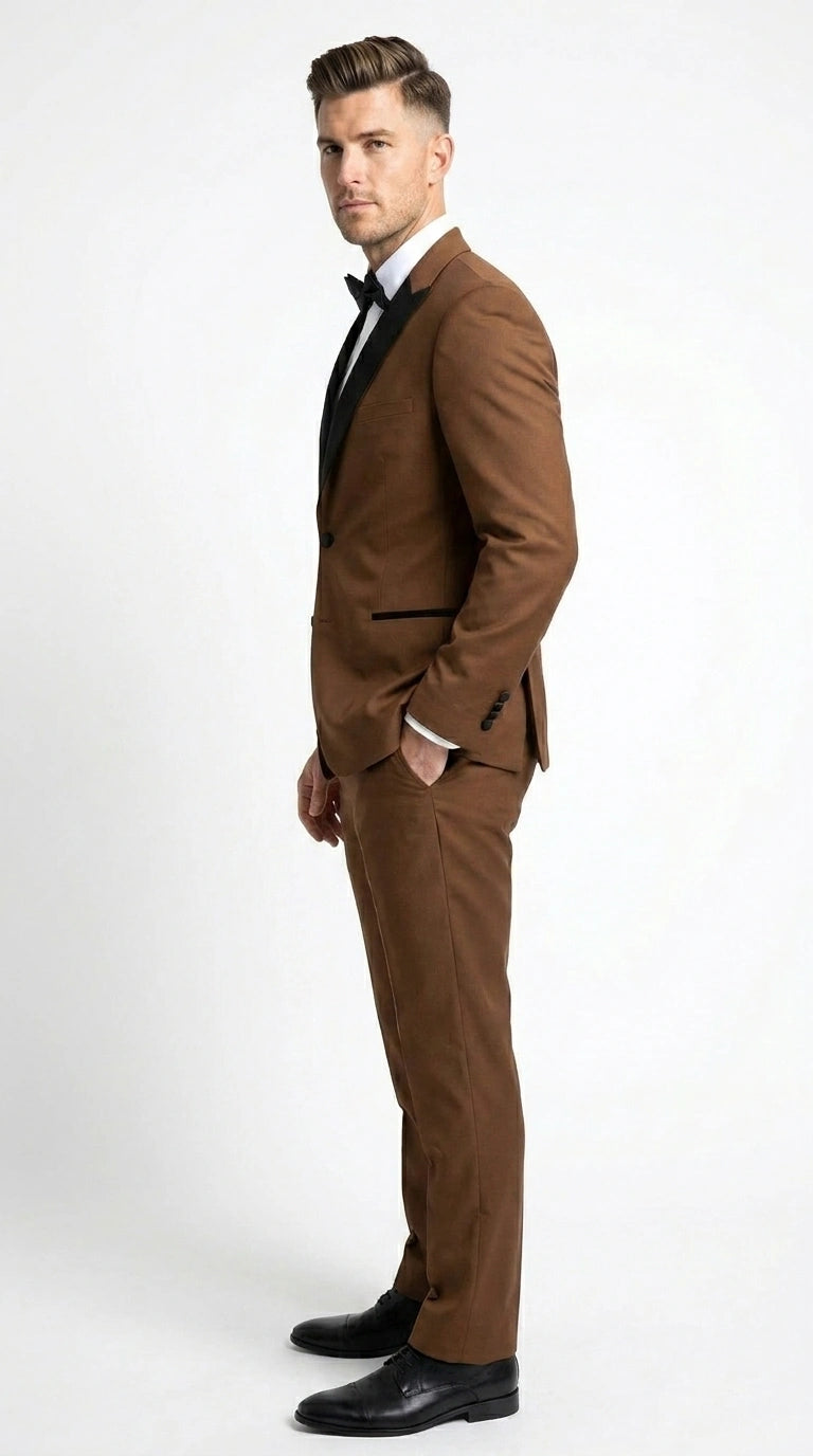Men’s Light Brown Vested Piece Suit – Elegant Formal Suit with Contrast Lapel for Wedding, Party