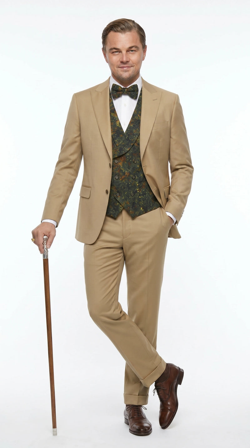 Men’s Khaki 3 Piece Suit with Patterned Vest, Great Gatsby Inspired Formal Suit for Weddings, Mardi Gra in Tan Camel Color