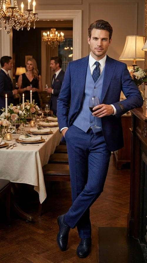 Vitalli Men’s Navy Blue 3 Piece Suit with Light Blue Vest, Textured Formal Dress Suit for Weddings, Prom, Business Events, and Parties
