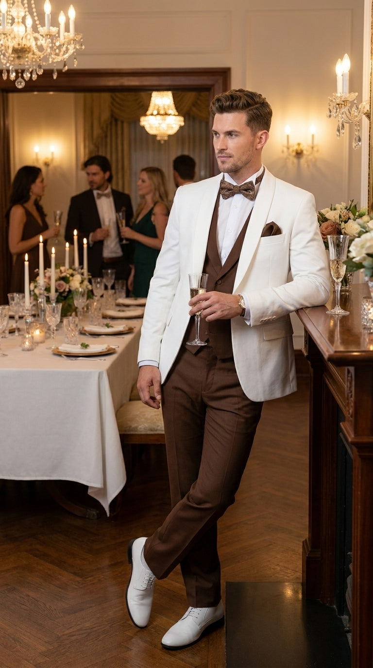 Men’s Ivory and Brown 3 Piece Suit – Elegant White Blazer with Brown Vest and Trousers for Wedding, Prom and Formal Events in off White Cream + Bowtie