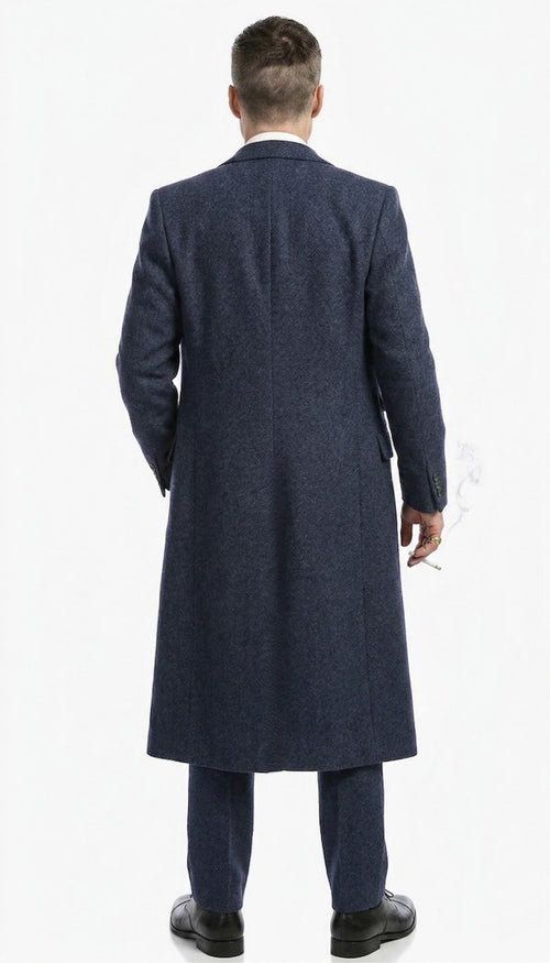 Men’s Navy Blue Herringbone Tweed 1920s 3 Piece Suit with Overcoat – Vintage Peaky Blinder Style Formal Suit Set with Blazer, Waistcoat + Overcoat + Hat