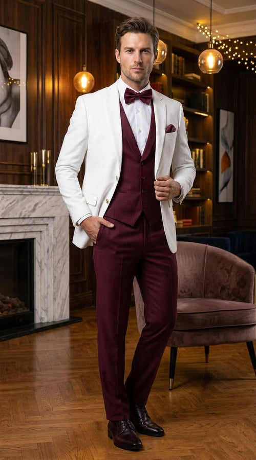 Menās White and Burgundy 3 Piece Tuxedo Suit, Vested Formal Wedding Prom Dinner Suit Set bowtie included