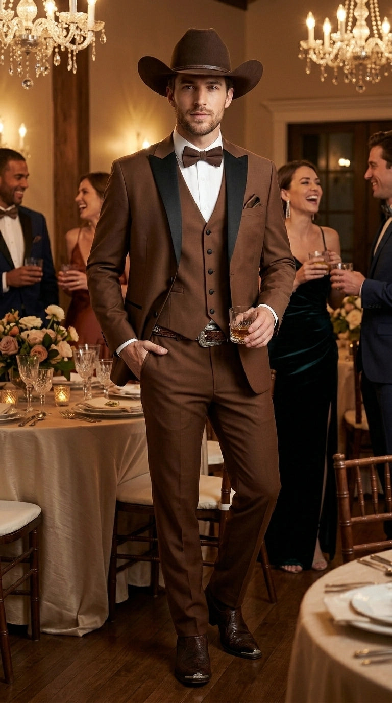 Men’s Light Brown Western Tuxedo 3 Piece Suit with Black Peak Collar Lapel, Country Look Cowboy Suit