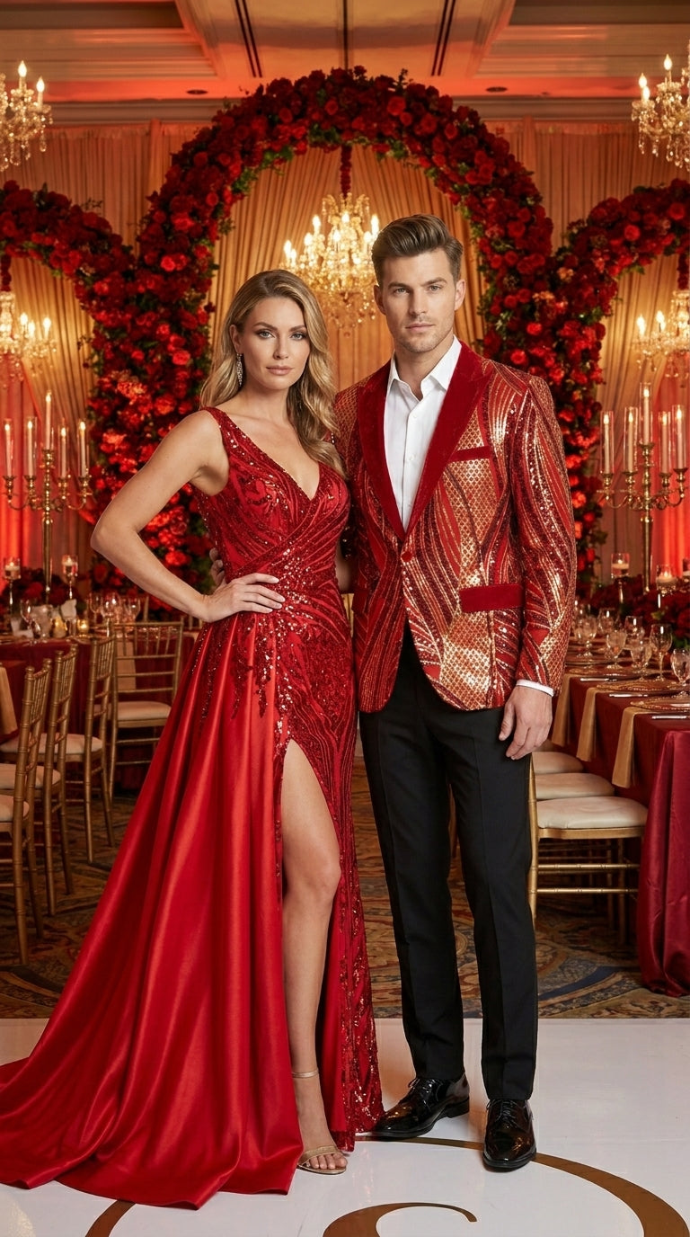 Men’s Red and Gold Sequin Christmas Holiday Blazer – Luxury Party Jacket for New Year, Wedding and Festive Events