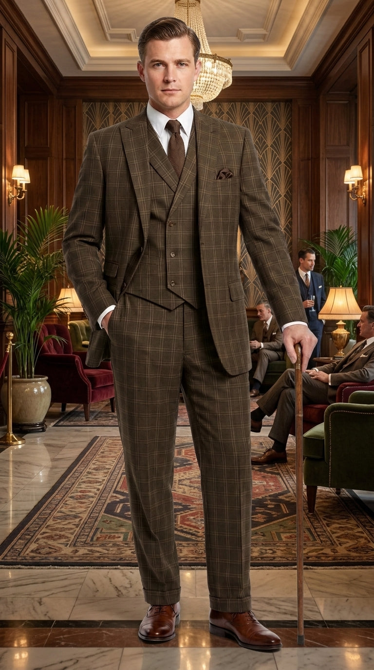 Men’s 1930s Brown Plaid 3 Piece Suit, Vintage Formal Wedding Business Dress Suit Set