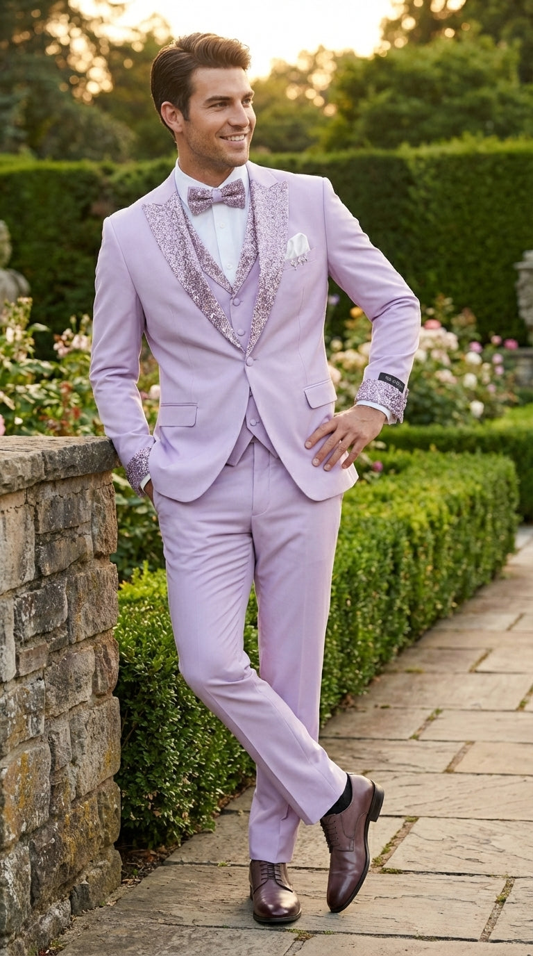 Men’s Lilac Suit with Silver Glitter Sequin Lapel – Lilac and Silver Formal Tuxedo Suit for Prom, Wedding Lavender Tuxedo