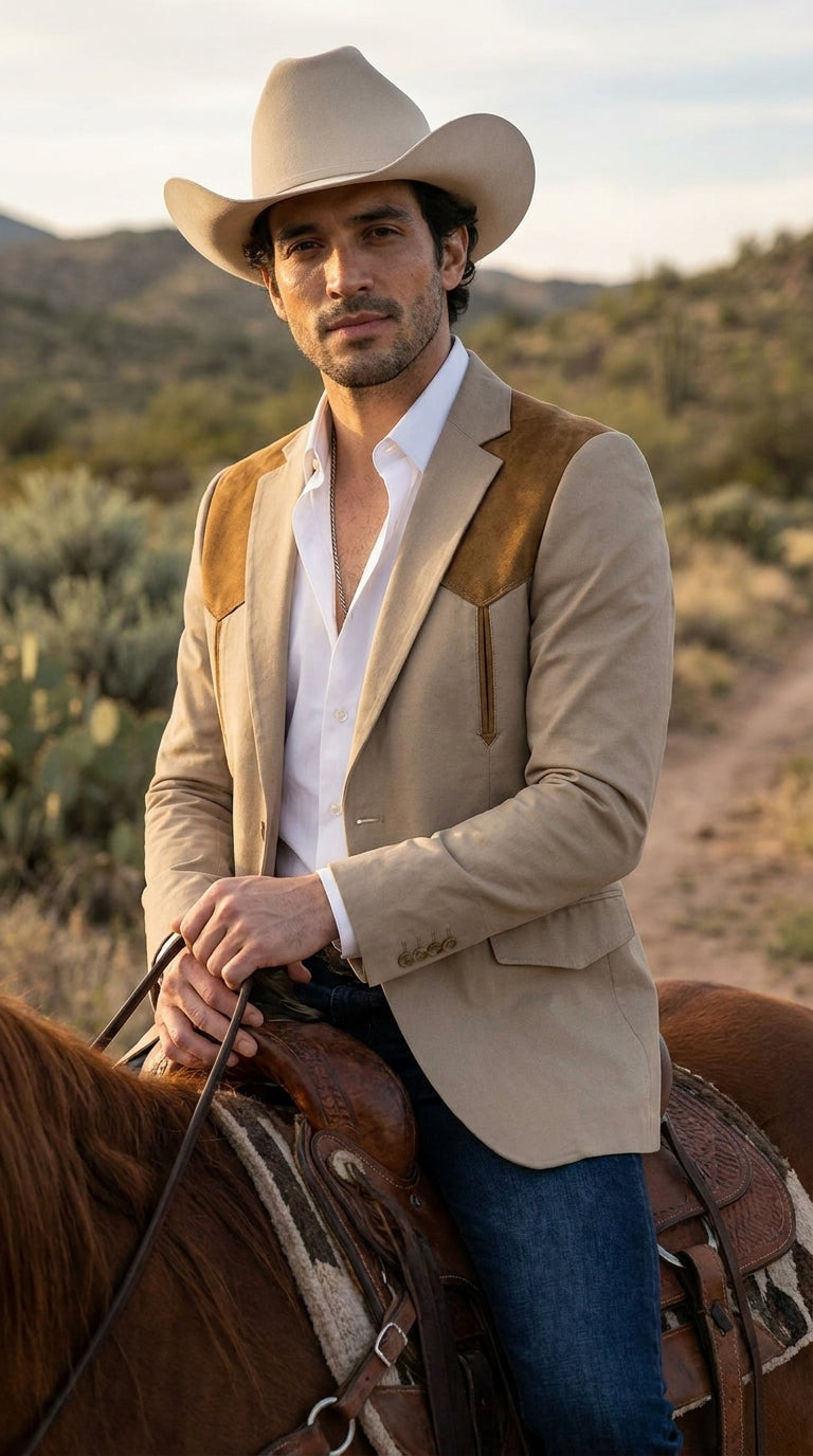 Men’s Khaki Western Blazer with Suede Yokes, Cowboy Sport Coat , Ranch and Country Events in Tan Khaki Color By Platini