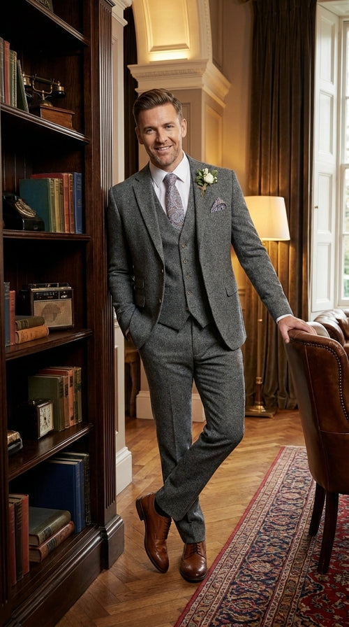 Men’s Peaky Blinder Light Grey Tweed Suit with Vest – Classic Three Piece Formal Suit, Vintage Wedding Business Outfit