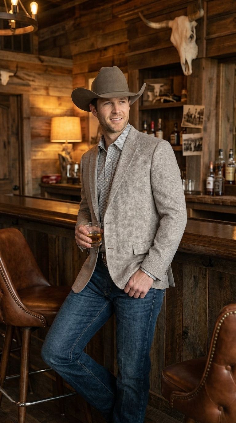 Mens Textured Light Grey Western Blazer – Cowboy Style Casual Sport Coat for Men Classic Western Jacket