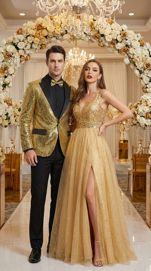 Mens Gold Sequin Blazer with Black Satin Lapel – Gold Formal Party Blazer Jacket for Prom, Wedding and Stage Events