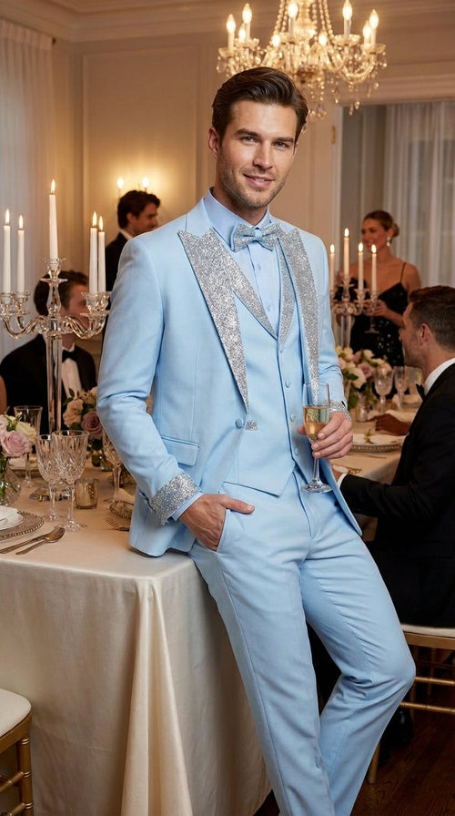 Men’s Light Blue Suit with Silver Glitter Lapel – Light Blue Formal Tuxedo Suit for Prom, Wedding and Special Occasion Wear in Sky Baby Blue