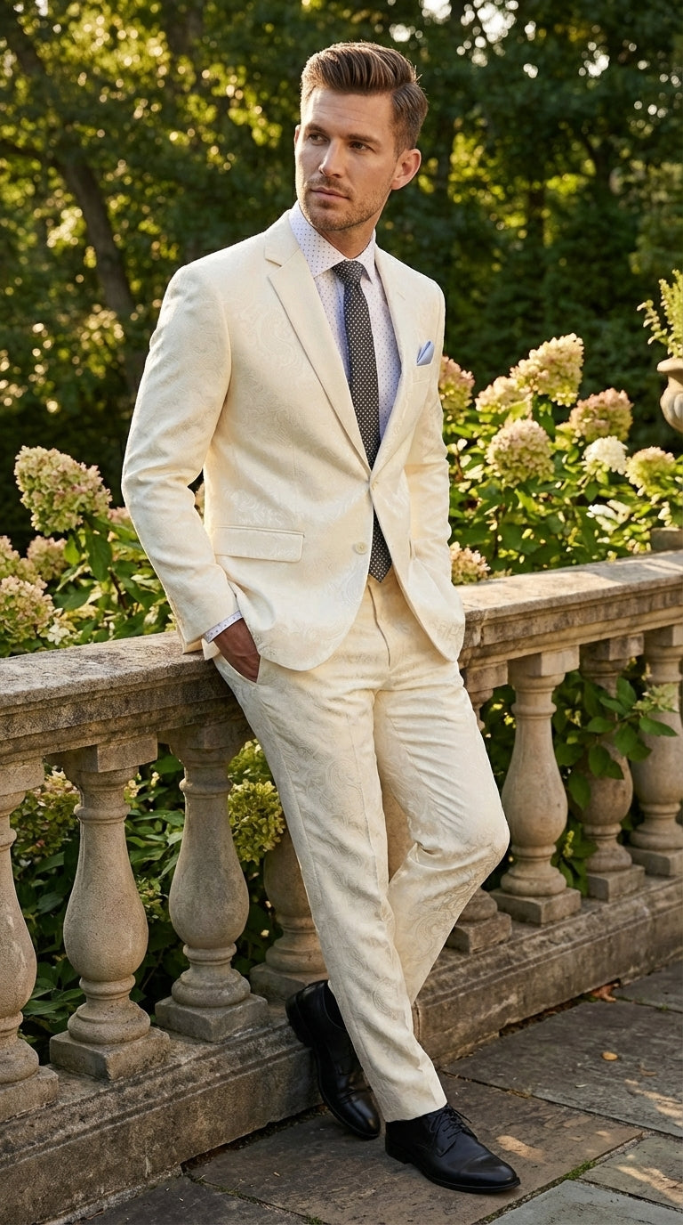 Men’s Ivory Paisley Shiny Suit – Flroal Formal Wedding and Prom Suit for Party, in Cream Off White
