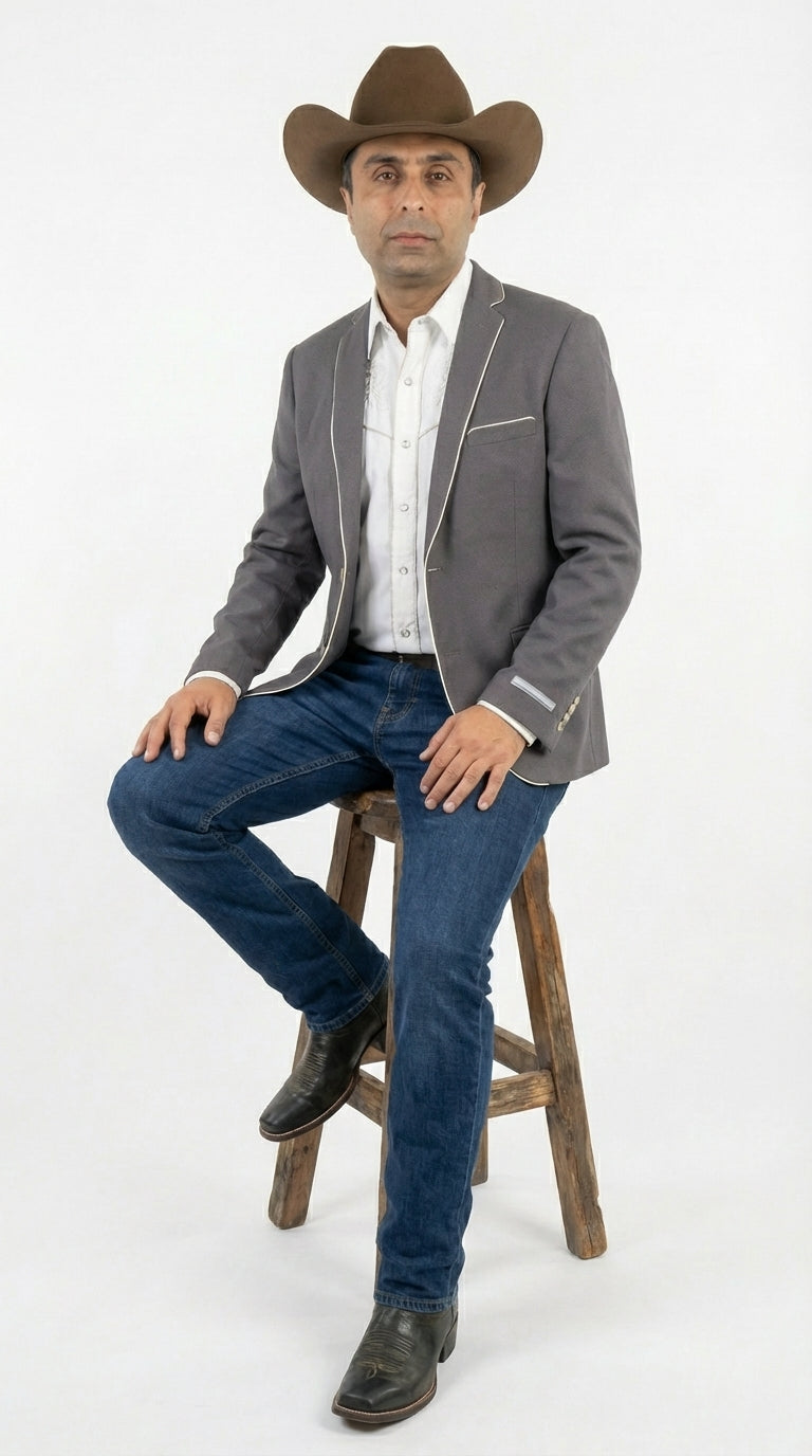 Mens Grey and White Trim Western Blazer – Classic Fit Cowboy Style Contrast Trim Dress Jacket