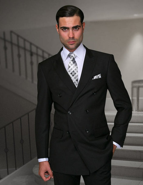 Mens Classic Wool Double Breasted 1 Button Suit Black