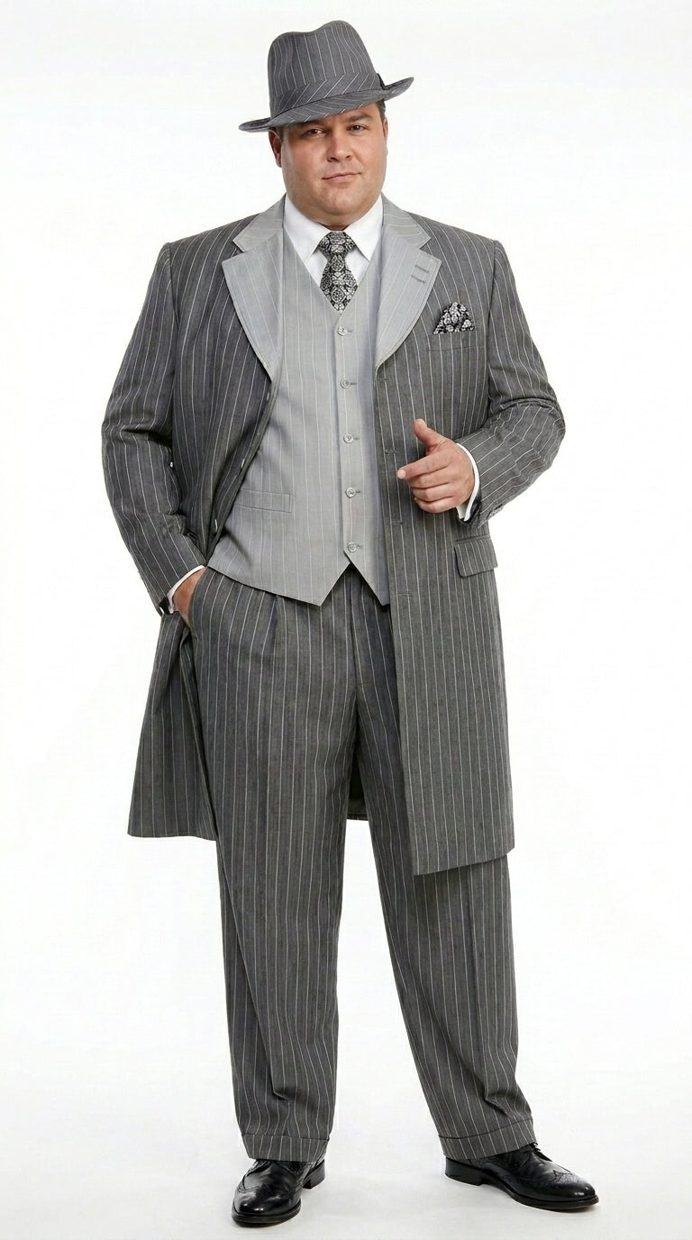 Men’s Grey Pinstripe Zoot Suit 3 Piece – 1920s Gangster Vintage Wide Lapel Suit with Vest for Wedding, Party