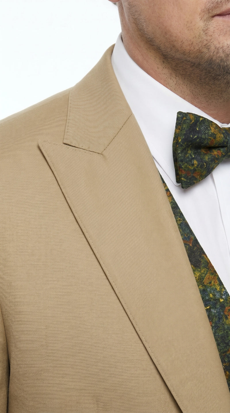 Men’s Khaki 3 Piece Suit with Patterned Vest, Great Gatsby Inspired Formal Suit for Weddings, Mardi Gra in Tan Camel Color