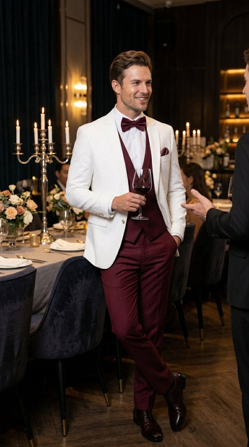 Menās White and Burgundy 3 Piece Tuxedo Suit, Vested Formal Wedding Prom Dinner Suit Set bowtie included