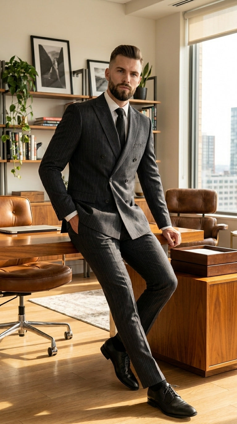 Men’s Black Pinstripe Double Breasted Suit – Classic Formal Business Suit Office and Evening Wear Modern Fit Conservative pattern