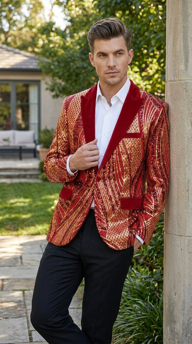 Men’s Red and Gold Sequin Christmas Holiday Blazer – Luxury Party Jacket for New Year, Wedding and Festive Events