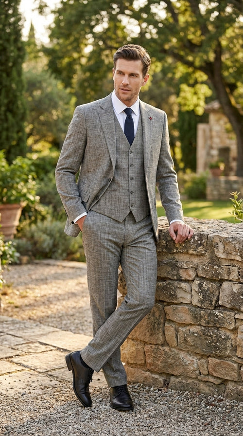 Vitali Brand Men’s Grey Textured Patterned 3 Piece Suit – Modern Fit Checkered Sharkskin with Blazer, Vest & Trousers, Business Wedding