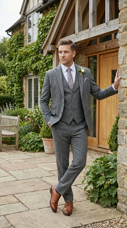 Men’s Peaky Blinder Light Grey Tweed Suit with Vest – Classic Three Piece Formal Suit, Vintage Wedding Business Outfit