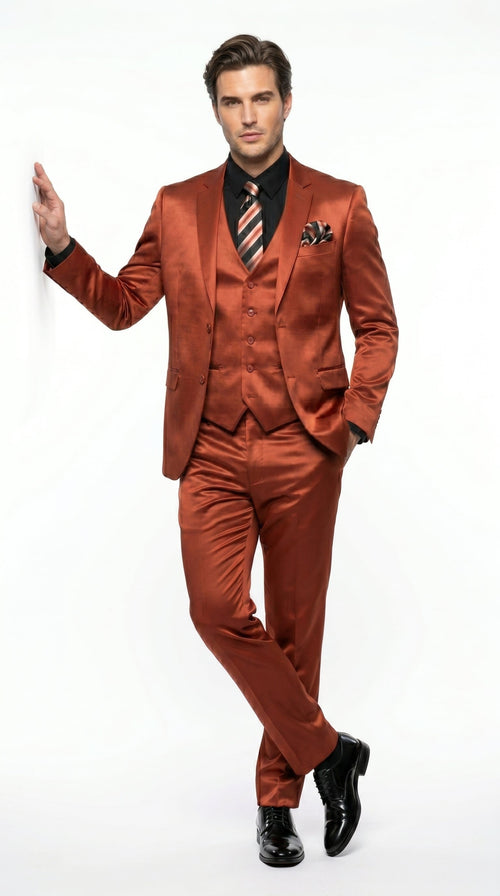 Menās Rust Copper Coganc Shiny Sateen 3 Piece Suit, Vested Formal Wedding Prom Suit Set Ultra Slim Fit