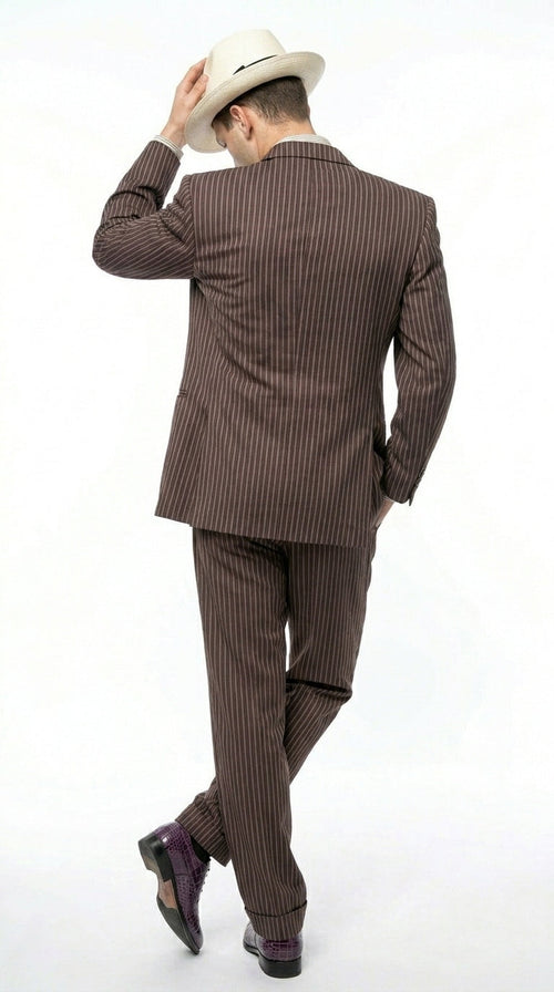 Men’s Brown Pinstripe Bonnie and Clyde Costume Suit – Vintage Gangster 1920s Outfit for Party, Halloween and Themed Events