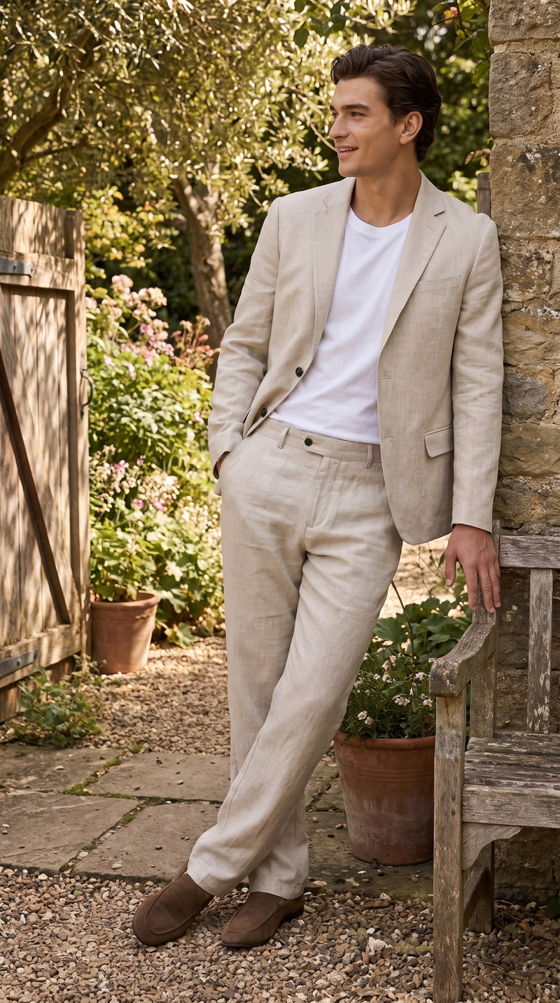 Men’s Informal Summer Suit, Light Beige Casual Linen Style Blazer and Pants Set
