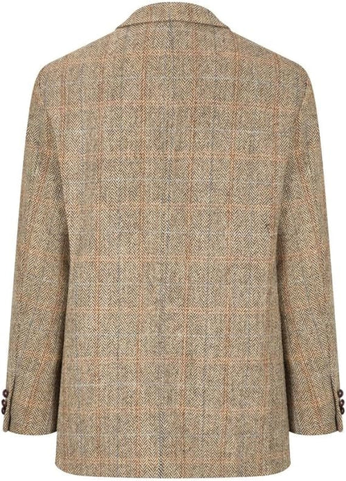 Men's Walker and Hawkes Blakemore Blazer: Harris Tweed, tan/brown herringbone. Notched lapel, button cuffs. Straight back, tailored fit with stitching detail.