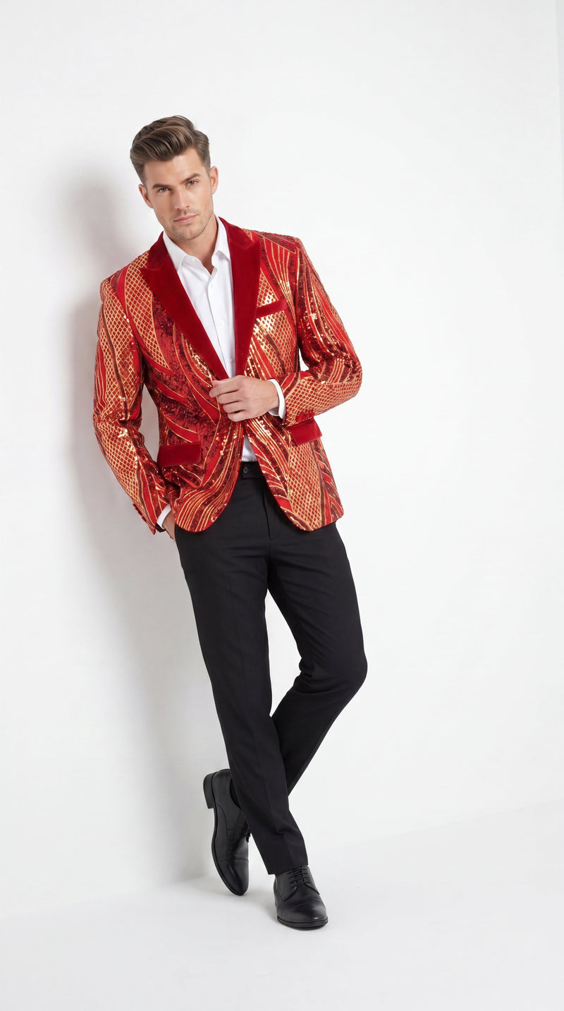 Men’s Red and Gold Sequin Christmas Holiday Blazer – Luxury Party Jacket for New Year, Wedding and Festive Events