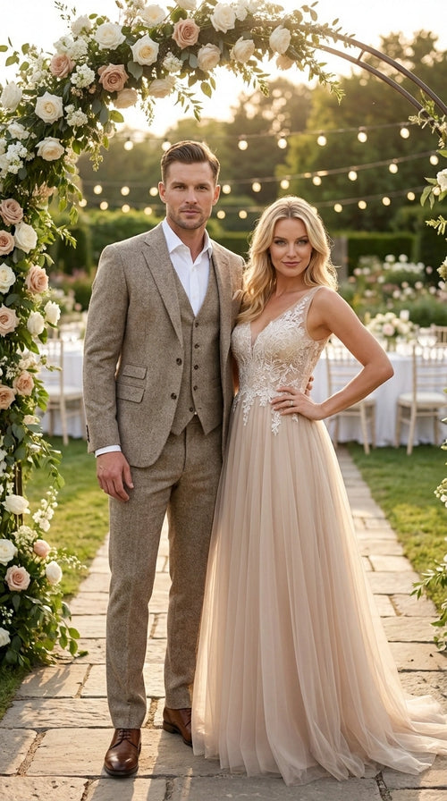 Men’s Light Beige Herringbone Tweed Suit with Vest – Classic Three Piece Formal Suit, Vintage Business Wedding Outfit, Elegant Smart Casual Attire