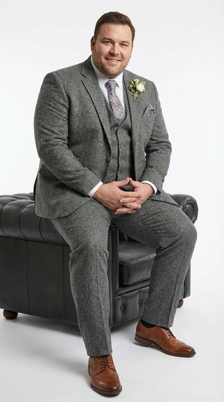 Men’s Peaky Blinder Light Grey Tweed Suit with Vest – Classic Three Piece Formal Suit, Vintage Wedding Business Outfit