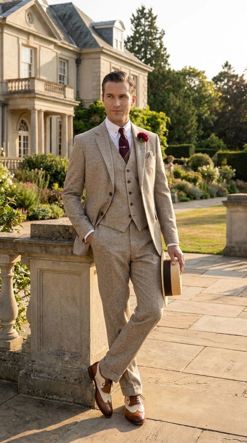 Men’s Light Tan Tweed Great Gatsby 3 Piece Suit – Vintage Vested Wedding Suit, 1920s Classic Formal Outfit Herringbone
