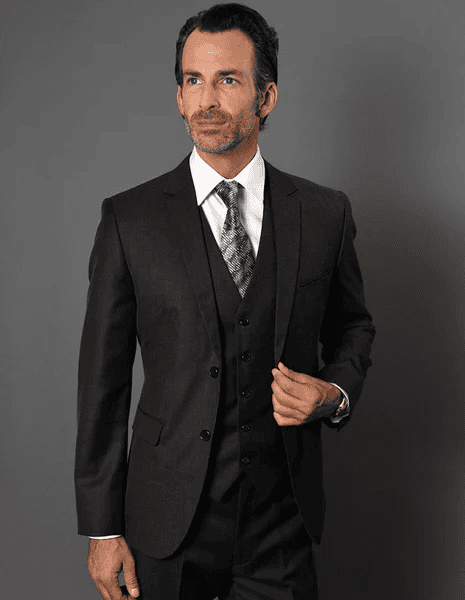 Mens 2 Button Slim Fit Vested Suit in Textured Fabric Black