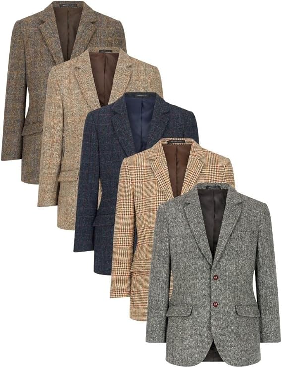 Blakemore men's blazers. Tailored Harris Tweed blazers with notch lapels, two pockets, and two-button closures. Colors: light brown, navy, tan/checkered, dark brown/checkered, grey. Contrasting inner linings.