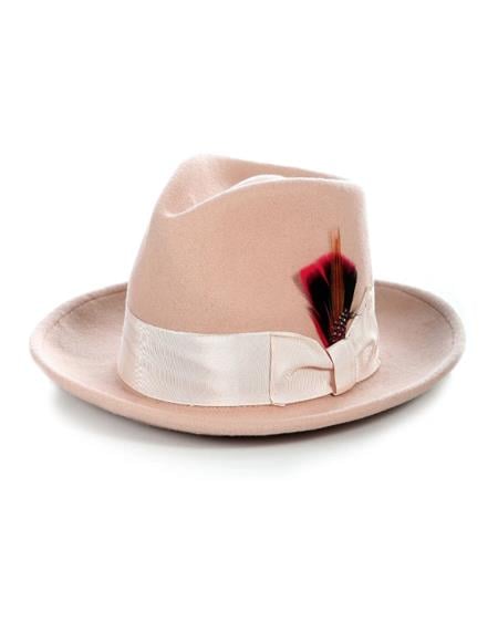 Classic 1920s men's gangster hat. Camel-colored felt with a wide brim and satin band. Features a rounded crown and feather detail.