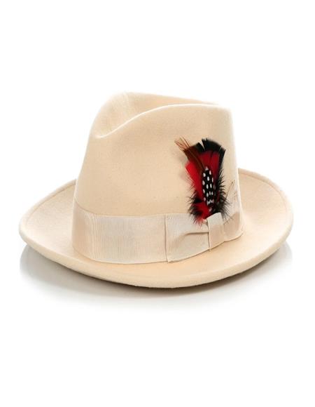 Tan gangster hat with wide brim, rounded crown. Black & red feather accent, matching satin band. Classic mobster style.