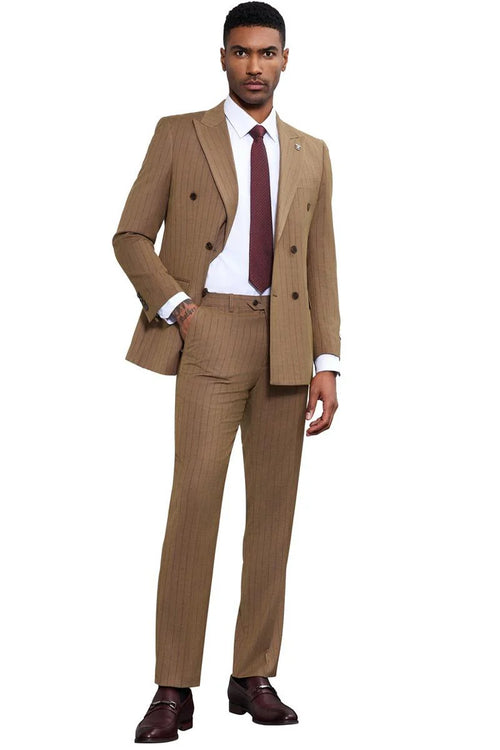 1920s Great Gatsby Suit for Men – Camel Double Breasted Pinstripe