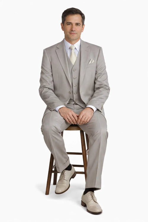 1920s Great Gatsby Suit for Men – Tan Tonal Pinstripe 2 Button Vested Suit