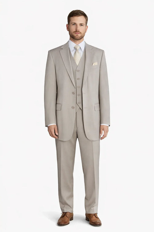 1920s Great Gatsby Suit for Men – Tan Tonal Pinstripe 2 Button Vested Suit