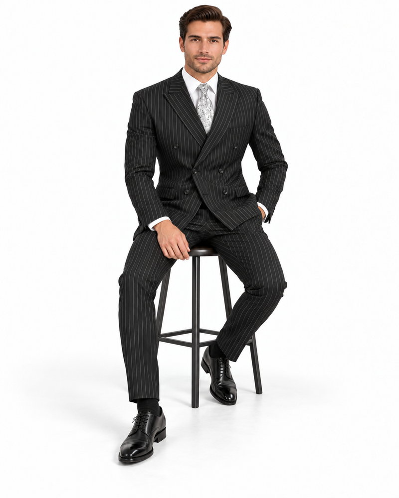 Black Double Breasted Pinstripe Suit