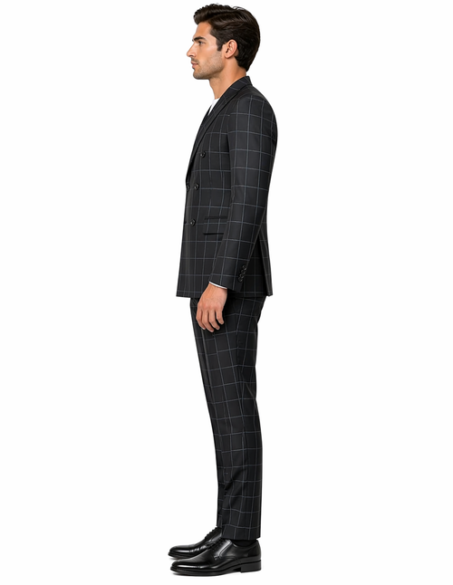 1920's Mens Vested Bold Gangster Vintage Plaid Suit With White Vest in Black